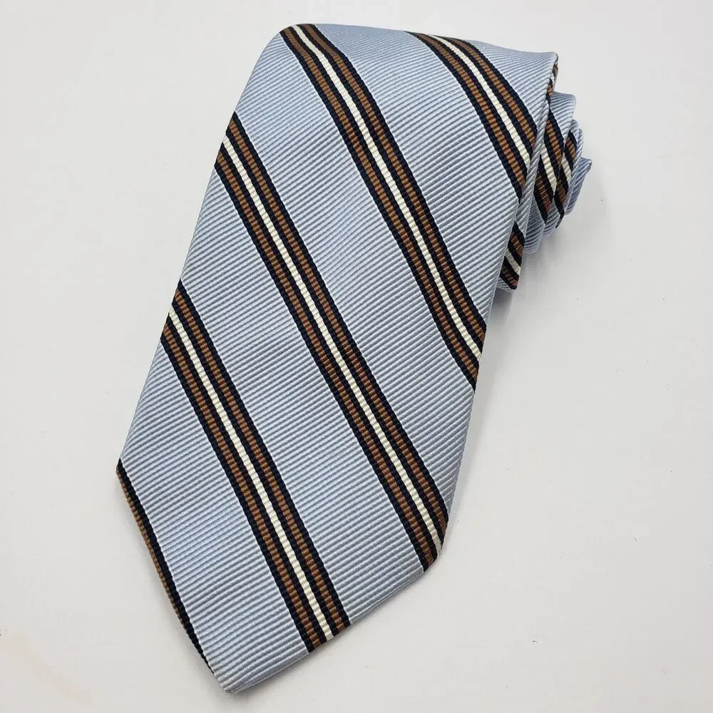Breuer Silk Blend Tie Made In France Light Blue Brown Striped Cotton Necktie Lux